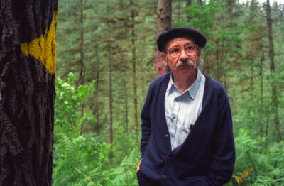 Agustín Ibarrola standing in a pine forest with a painted yellow arrow on a tree trunk