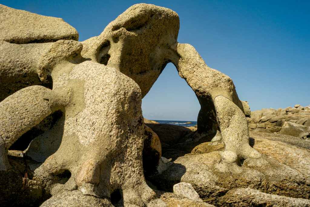 The wild landscape and rugged coast of Camelle became the main source of inspiration for Man. Using stones rounded by erosion, wood washed up by the sea, animal bones, crustacean shells, conch shells, sponges, plastics and other marine debris to create his sculptures. His creations were part of an outdoor sculpture garden that completely merged with the coastal environment. Some of his creations interacted with the tides, changing appearance as the water rose or fell, creating reflections and shine that enriched the visual experience. He built Micro environments with palisades and spaces covered with vegetation.