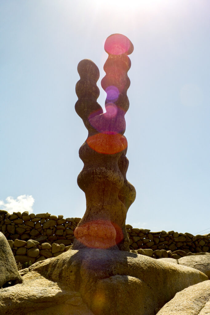 The wild landscape and rugged coast of Camelle became the main source of inspiration for Man. Using stones rounded by erosion, wood washed up by the sea, animal bones, crustacean shells, conch shells, sponges, plastics and other marine debris to create his sculptures. His creations were part of an outdoor sculpture garden that completely merged with the coastal environment. Some of his creations interacted with the tides, changing appearance as the water rose or fell, creating reflections and shine that enriched the visual experience. He built Micro environments with palisades and spaces covered with vegetation.