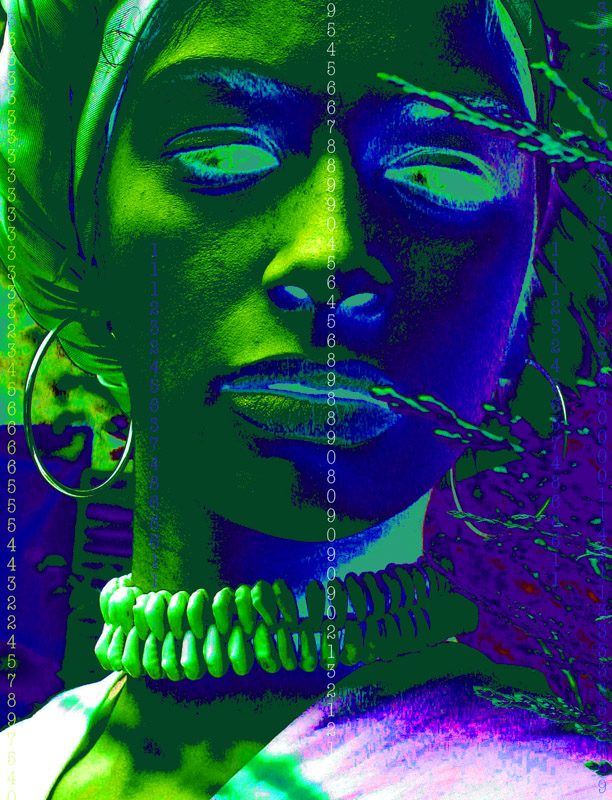 Person adorned with a chunky necklace, rendered in vivid green and blue hues with abstract numeric overlays, evoking heritage and coded mystery.