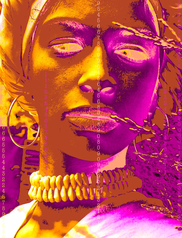 Figure wearing a striking necklace, set in golden yellow and magenta tones, abstract numbers streaming alongside, suggesting lineage and transmission of secret knowledge.