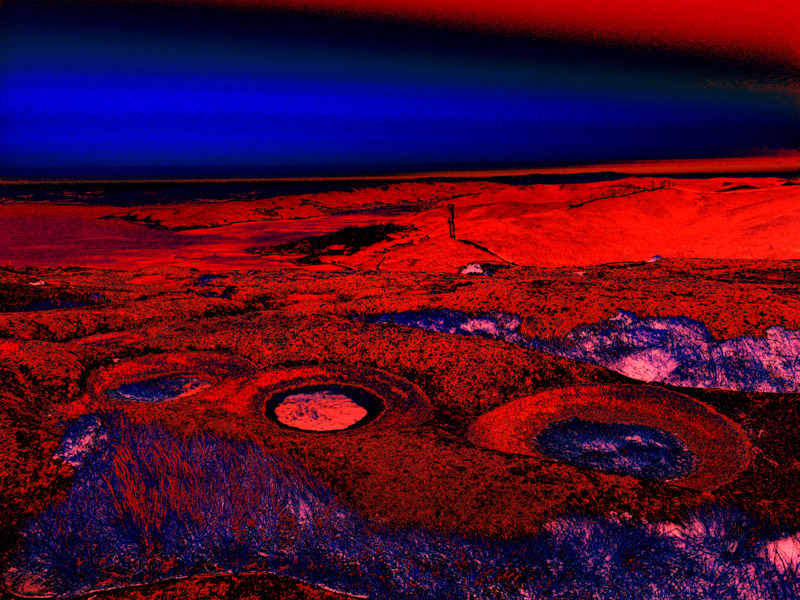A dramatic landscape under a luminous red and dark horizon, punctuated by circular ground pools, rendered in surreal blue and red tones.