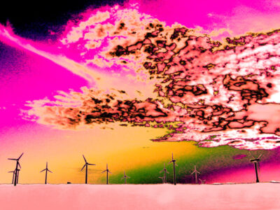 Wind turbines lined across a plain beneath intense magenta and yellow clouds, the air glowing with solar hues and a sense of vibrant transformation.