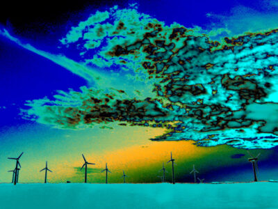 A row of wind turbines stretches across a stark landscape under a vivid blue-yellow sky, dramatic clouds swirling with electric lines.
