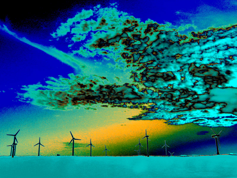 A row of wind turbines stretches across a stark landscape under a vivid blue-yellow sky, dramatic clouds swirling with electric lines.