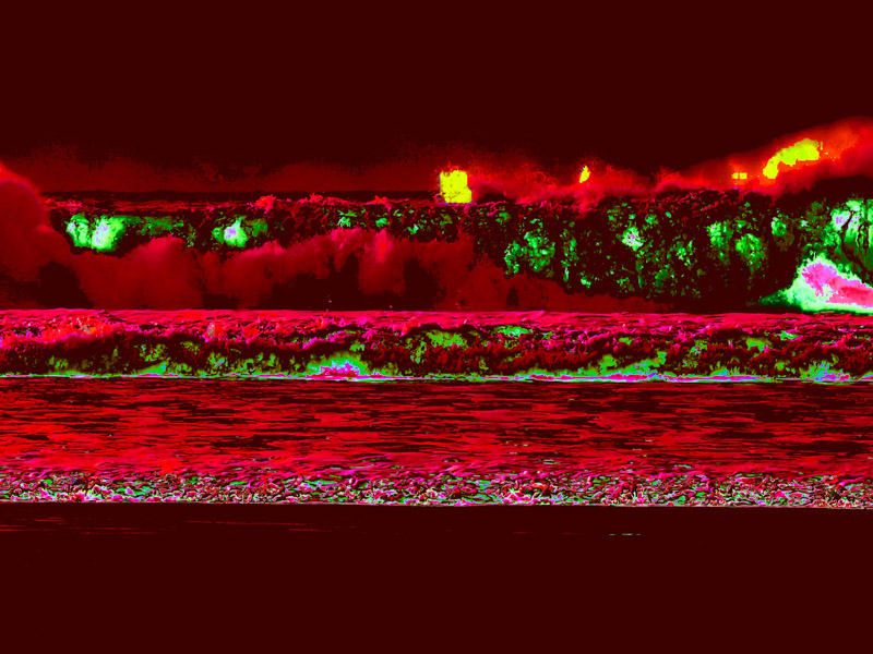 A wave crashes under a dark sky, rendered in intense reds and greens; the ocean and foam appear electric and surreal, with yellow highlights evoking movement and energy.