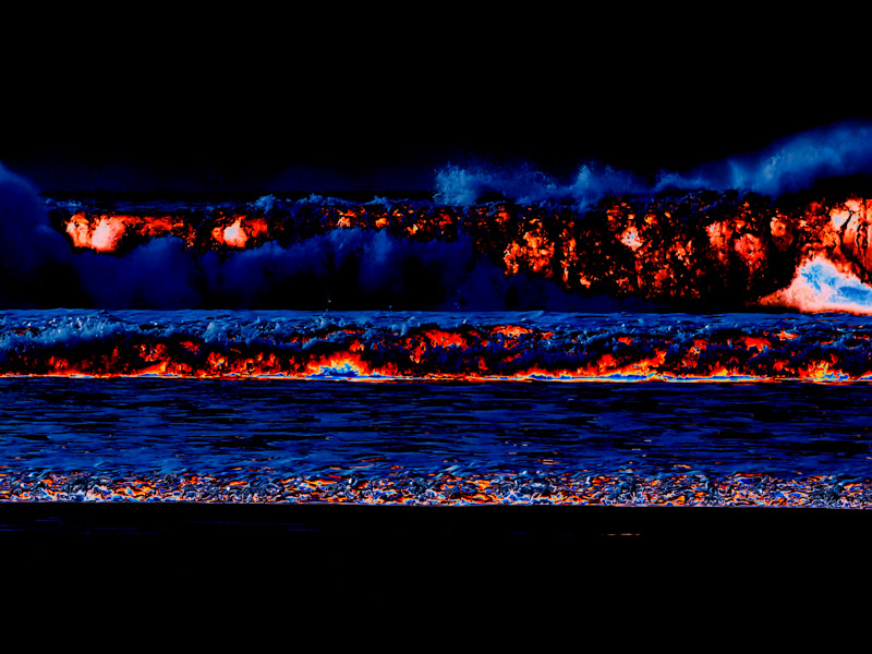 A powerful wave under a pitch-black sky, tinted in saturated blues and fiery orange. The water glimmers, foreground dark, creating a kinetic, mysterious mood.