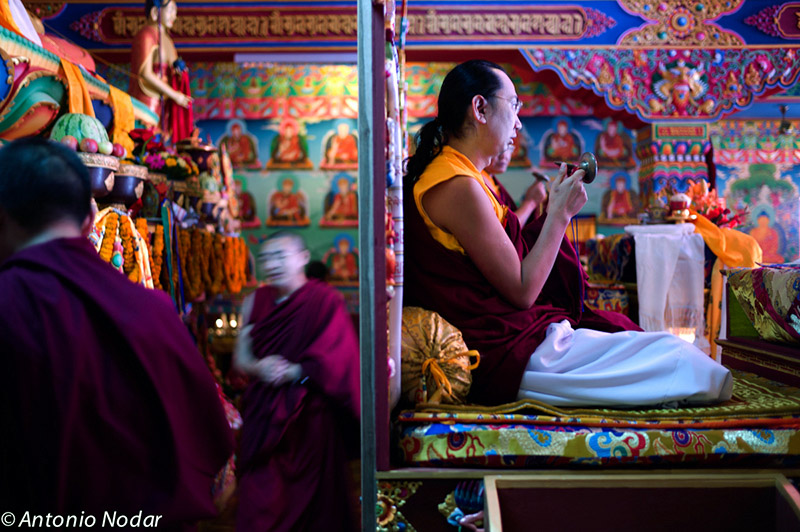 A monk sits cross-legged on a decorated platform, holding ritual instruments, surrounded by vibrant temple patterns and statues.