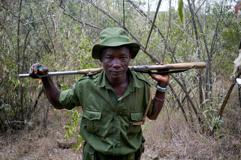 A uniformed ranger stands in the bush, holding a long hunting rifle across his shoulders, dressed in green and surrounded by wild vegetation.