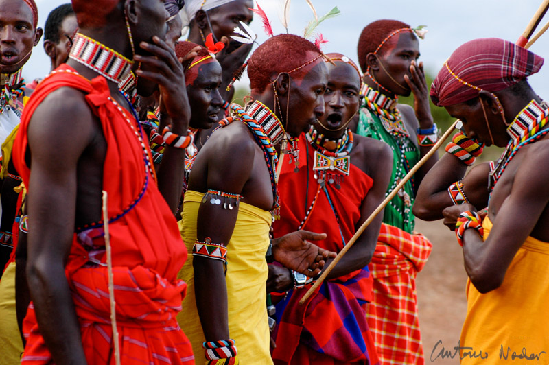 Samburu warriors dressed in red, yellow, and green shukas with vibrant beaded jewelry and feathered headpieces, gathered together and conversing during a traditional ceremony in Kenya’s Rift Valley