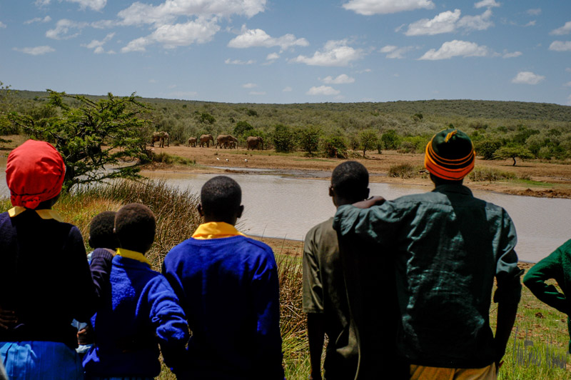 A group of children in blue and yellow school uniforms stand at the edge of a river, intently watching a herd of elephants on the opposite bank under a vast savannah sky.